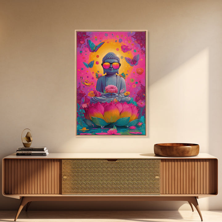 Futuristic Cityscape At Night With Neon Light Grid And Massive Pink Sun Vibrant Digital Artwork Canvas Print For Modern Office Decor