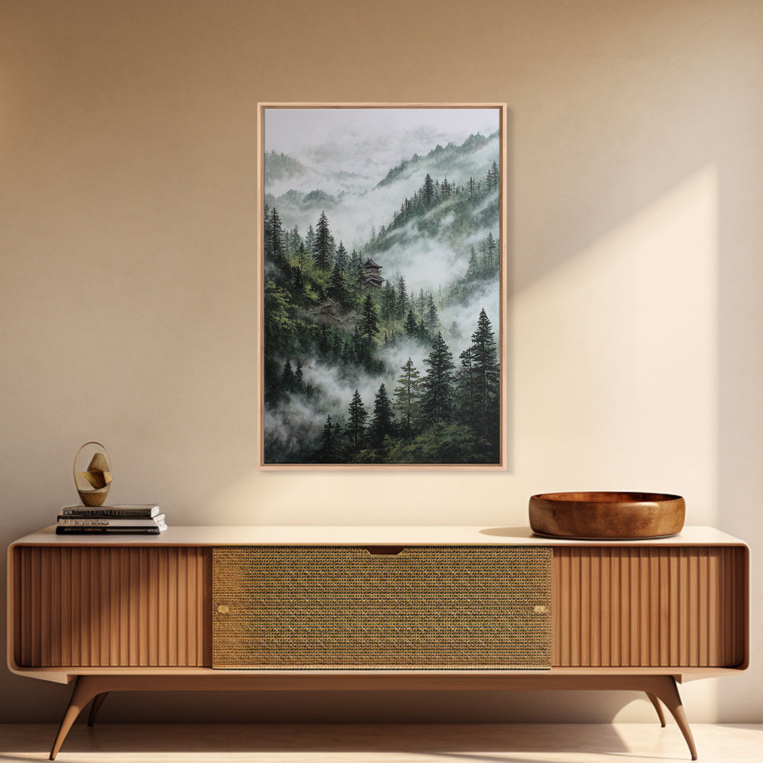 Mist Covered Mountain Landscape With Pine Trees And Hidden Cabin In The Forest Wall Art For Rustic Home Decor Canvas Print