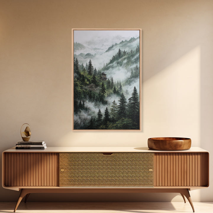 Mist Covered Mountain Landscape With Pine Trees And Hidden Cabin In The Forest Wall Art For Rustic Home Decor Canvas Print
