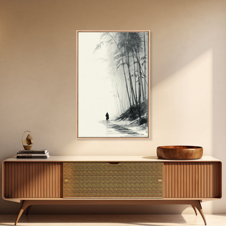 Minimalist Black And White Monochrome Painting Monk Walking In Bamboo Forest Wall Art Framed Canvas Print