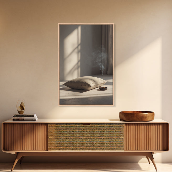 Minimalist Cozy Room With Soft Pillow And Burning Incense Stick Canvas Print Modern Wall Art For Bedroom Decor