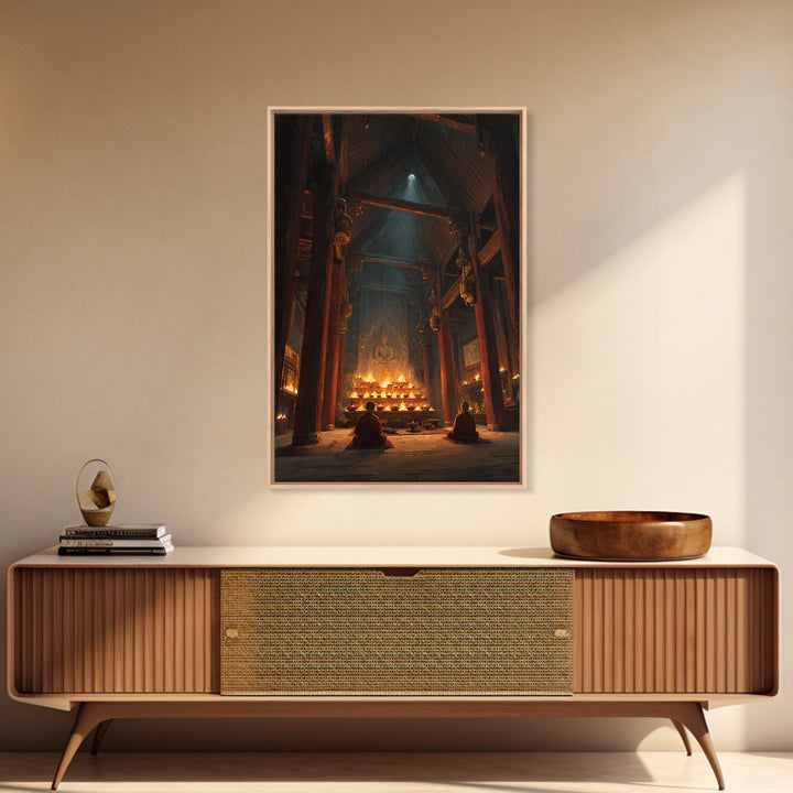 Ancient Temple Interior With Monks Meditating Spiritual Artwork Wall Art Framed Canvas Print For Meditation Room Decor