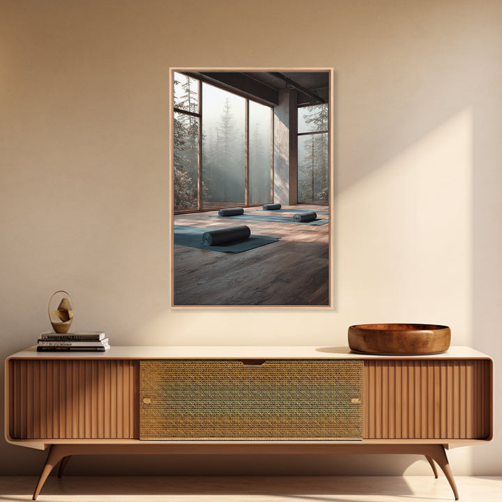 Tranquil Yoga Studio With Mountain View And Natural Light Wall Art Framed Canvas Print For Fitness And Wellness Spaces