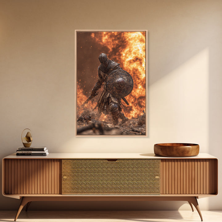 Armored Knight In Fiery Battle Framed Canvas Print, Dark Fantasy Wall Art, Medieval Warrior Decor, Gaming Room Gift For Him