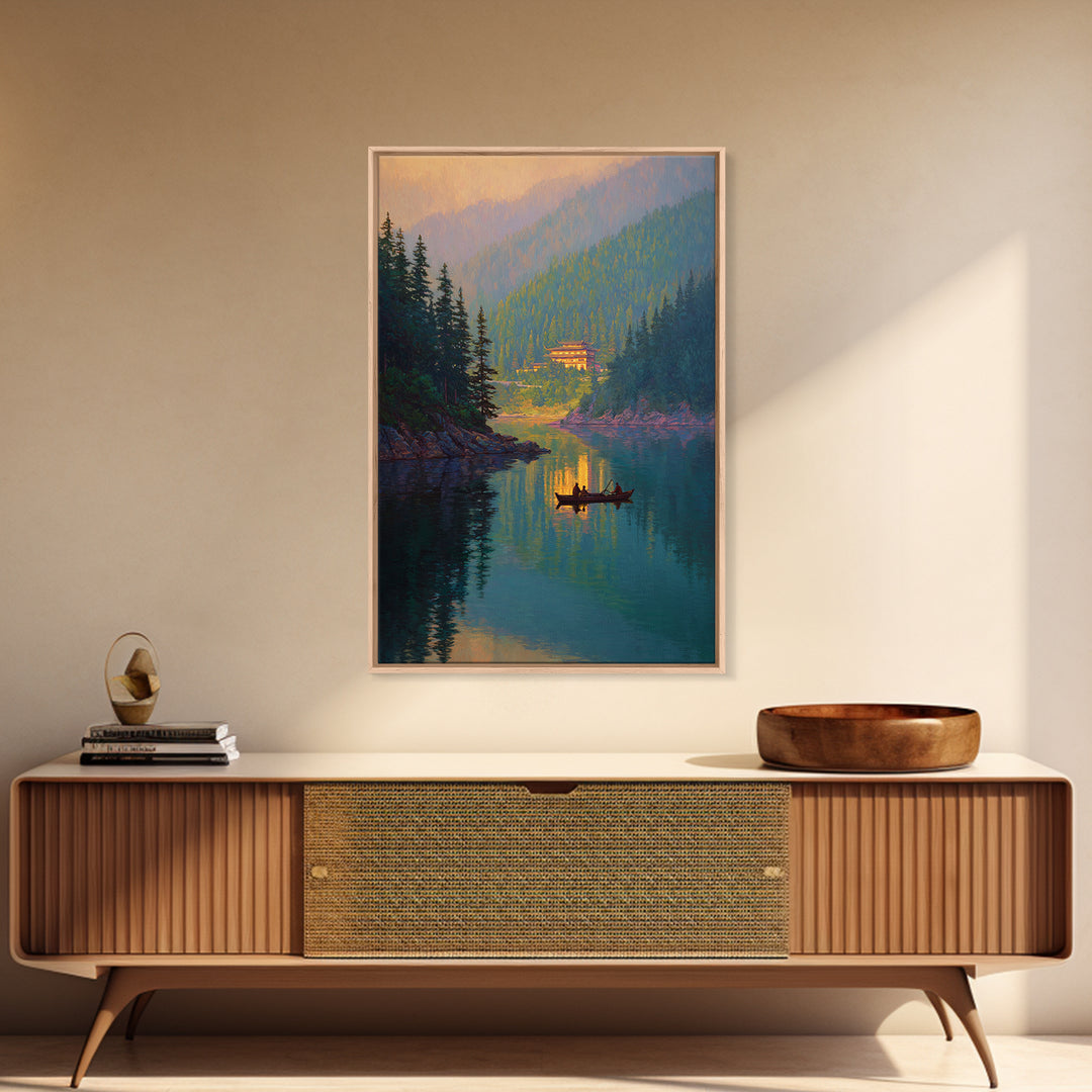 Serene Mountain Lake Landscape With Canoe Reflection Wall Art For Living Room Decor