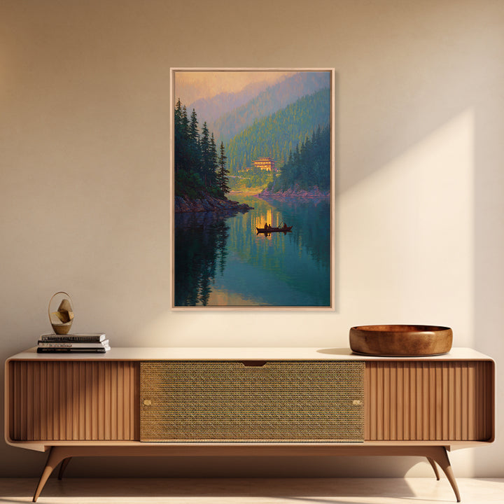 Serene Mountain Lake Landscape With Canoe Reflection Wall Art For Living Room Decor