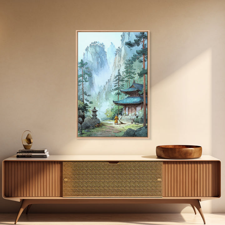Serene Asian Temple Landscape With Misty Mountains And Lush Trees Wall Art Framed Canvas Print For Home Decor