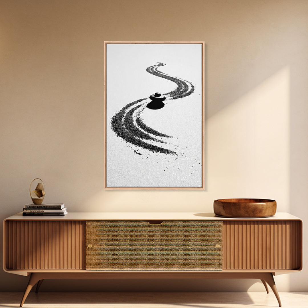 Zen Inspired Minimalist Sand And Stone Artwork Black And White Canvas Print For Modern Meditation Room Wall Art