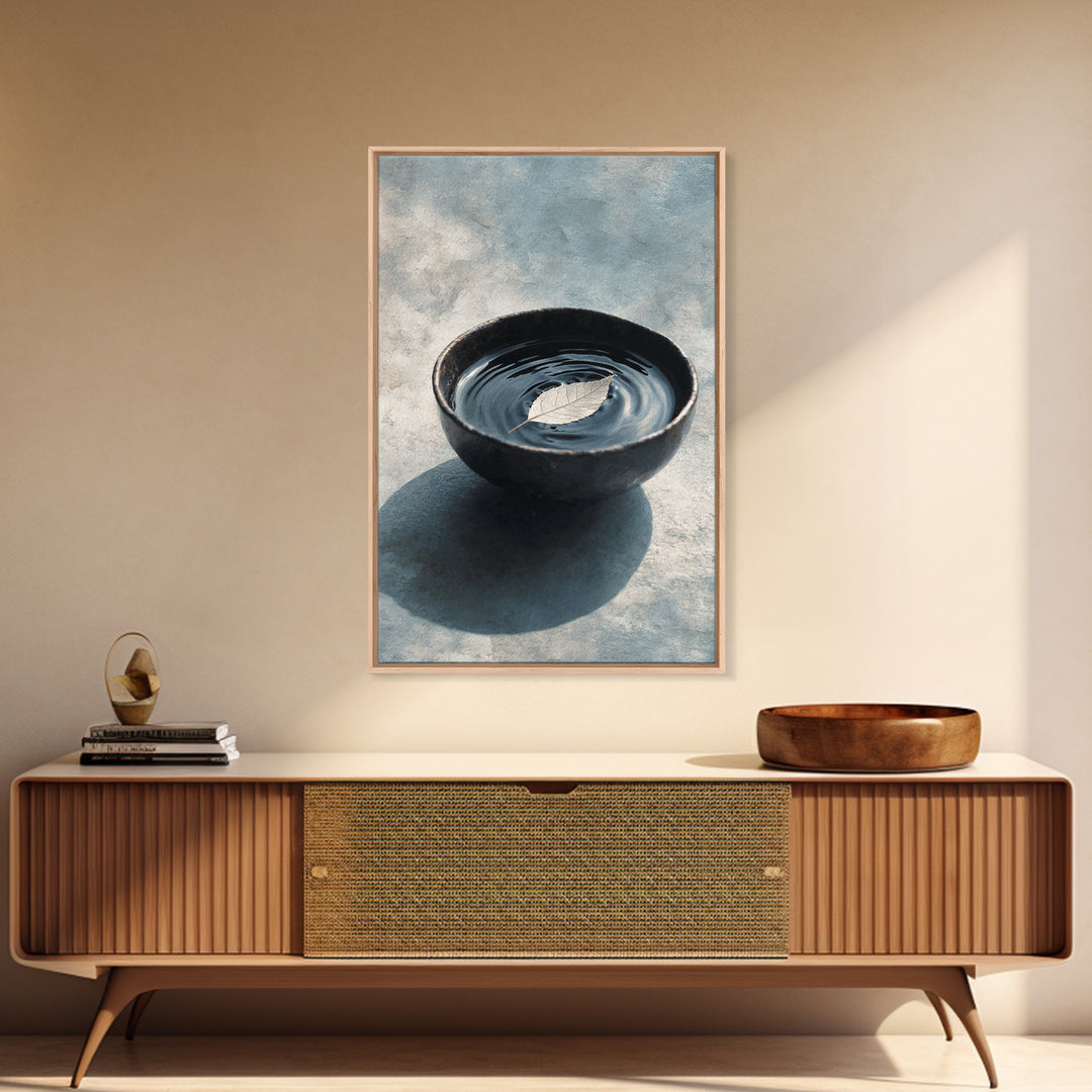 Minimalist Zen Black Bowl With Leaf Floating On Water Ripple Texture Wall Art Framed Canvas Print For Peaceful Home Decor