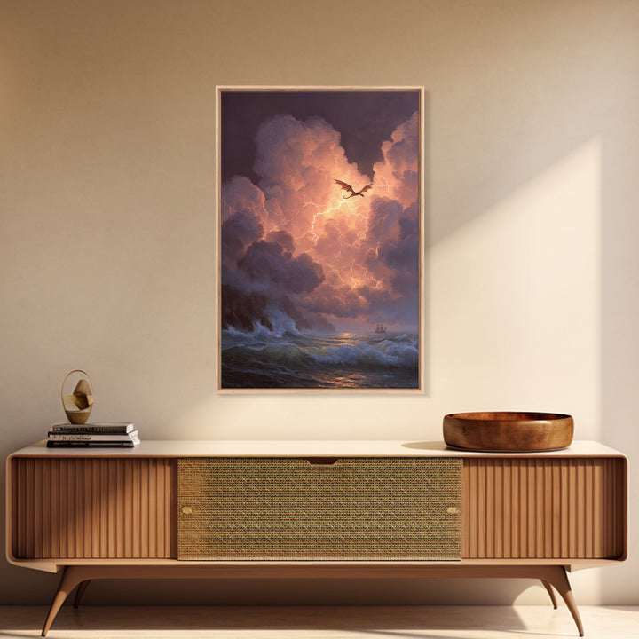 Storm Dragon Over Lightning Seas Wall Art Fantasy Seascape Canvas Print For Gothic Decor Dragon Art And Moody Coastal Room