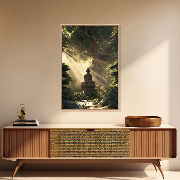Buddha Statue Meditation Nature Sunbeams Forest Wall Art Canvas Print For Spiritual Home Decor Framed Art