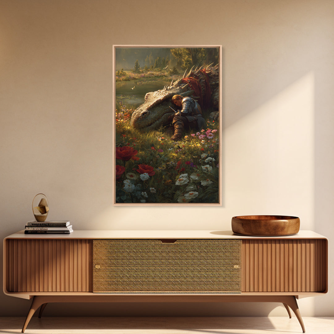 Sleeping Knight Beside Ancient Dragon Wall Art Fantasy Floral Meadow Canvas Print For Medieval Home Decor And Gift For Her