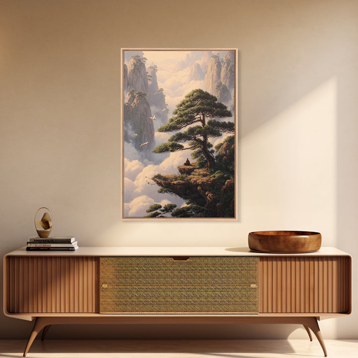 Meditative Man On Cliff Surrounded By Pines And Birds In Misty Mountains Wall Art Print For Tranquil Home Decor