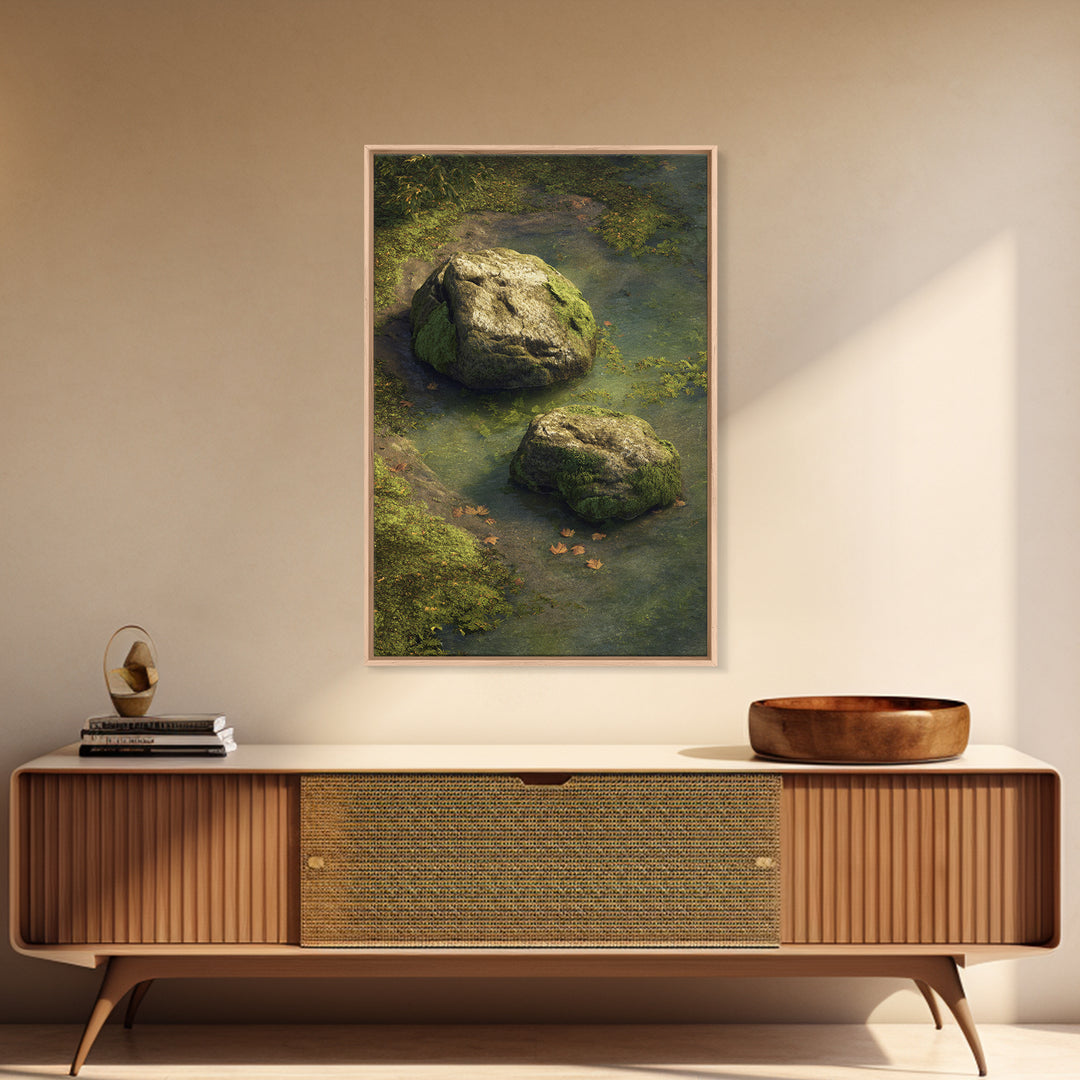 Peaceful Moss Covered Rocks In Quiet Woodland Stream Nature Wall Art Canvas Print For Calming Home Decor