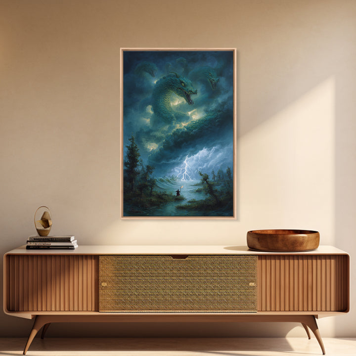 Three Headed Sea Hydra Storm Wall Art Fantasy Dragon Canvas Print For Gothic Decor Mythical Creature And Moody Office Art