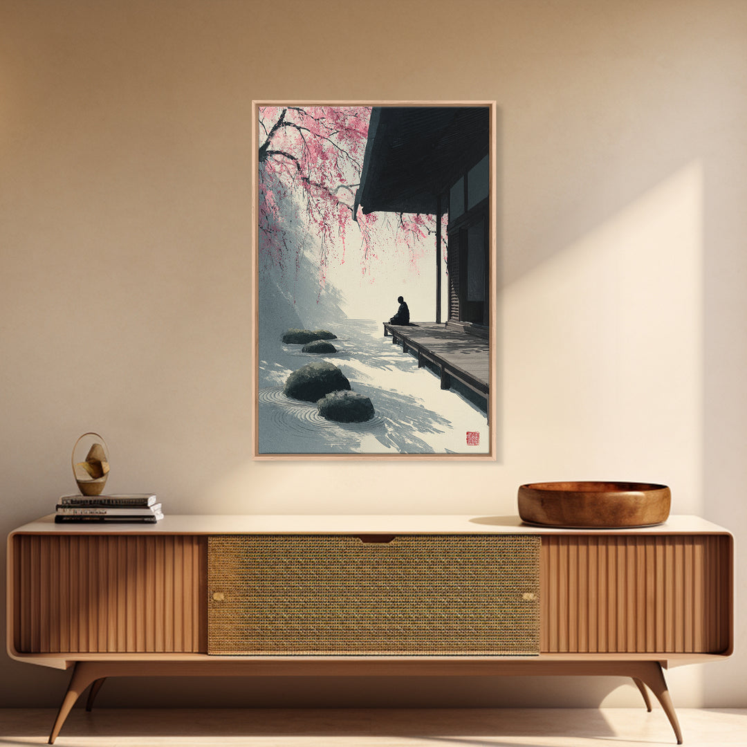 Zen Garden With Meditating Figure And Sakura Blossoms Tranquil Wall Art Framed Canvas Print