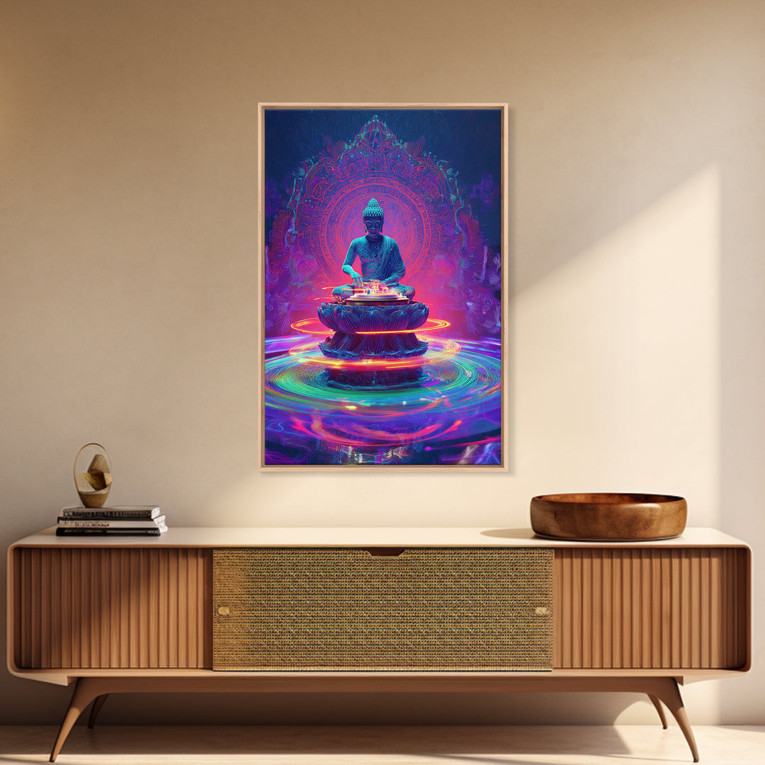 Vibrant Neon Buddha With Sacred Mandala And Energy Rings Wall Art Print Framed Canvas Print Spiritual Home Decor