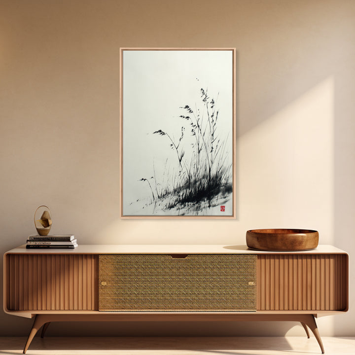 Elegant Black And White Ink Painting Of Windblown Grass Minimalist Wall Art Framed Canvas Print Natural Home Decor