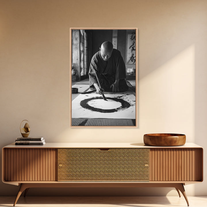 Black And White Fine Art Photography Of Japanese Calligraphy Artist Painting Circle Wall Art Framed Canvas Print