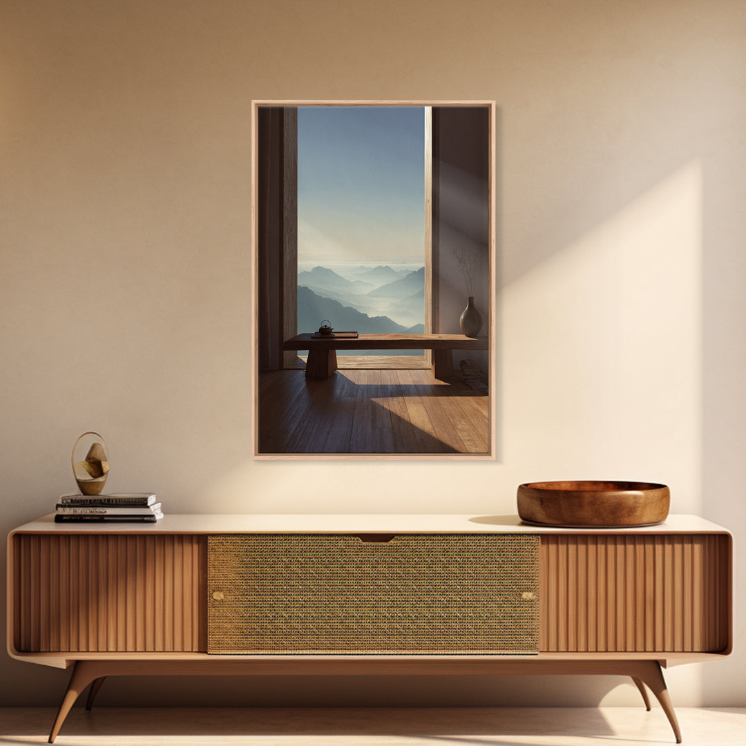 Serene Mountain Landscape from Window View Wall Art Canvas Print for Calm Minimalist Home and Office Decor