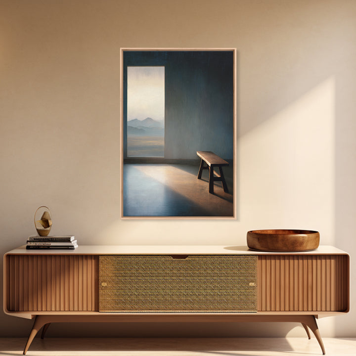 Peaceful Empty Room With Wooden Bench And Mountain View Window Oil Painting Wall Art Print Canvas Print For Minimalist Home Decor