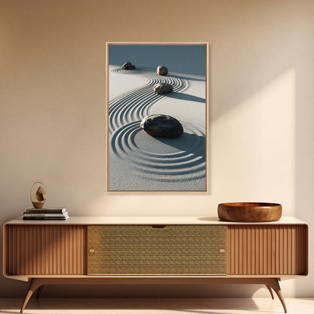 Calming Japanese Zen Garden With Rocks And Sand Minimalist Wall Art Modern Canvas Print