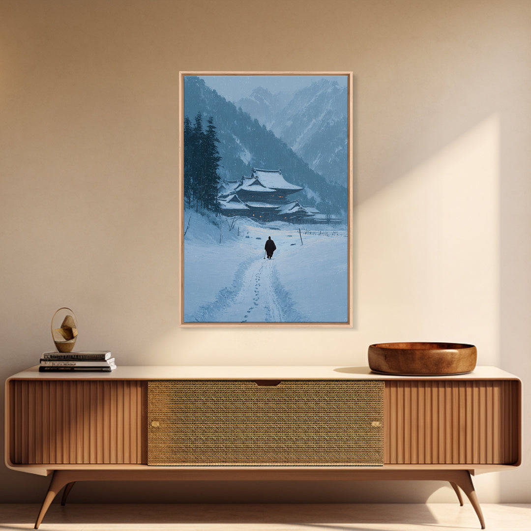 Serene Japanese Winter Landscape With Snow Covered Temple And Monk Pathway Wall Art Canvas Print For Home Decor