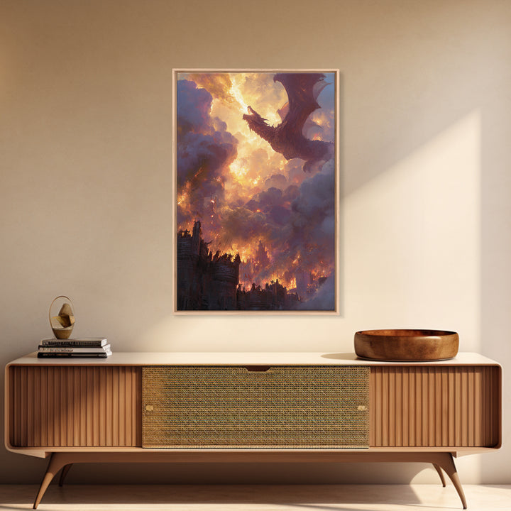 Red Dragon Above Burning Castle Wall Art Epic Fantasy Canvas Print For Gothic Decor Medieval Battle Art And Game Room Wall Decor