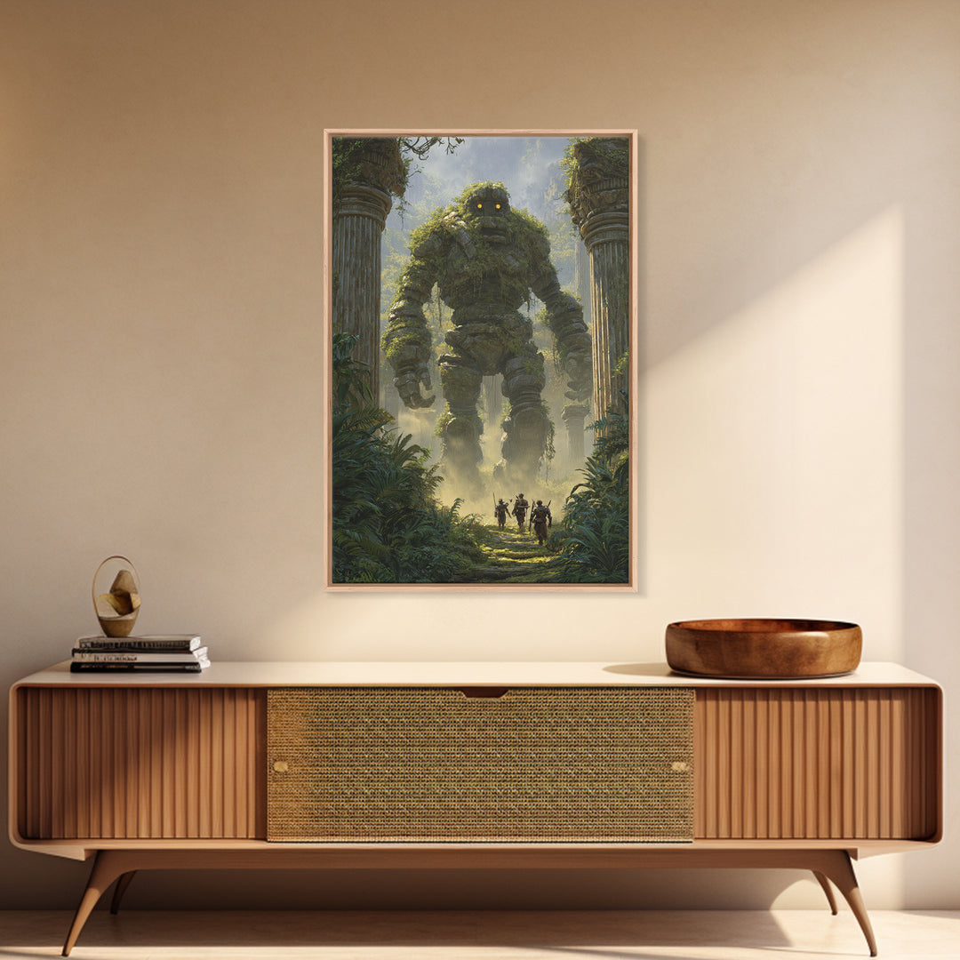 Moss Covered Stone Golem In Jungle Ruins Wall Art Fantasy Canvas Print For Nature Decor Adventure Art And Kids Room Wall Decor