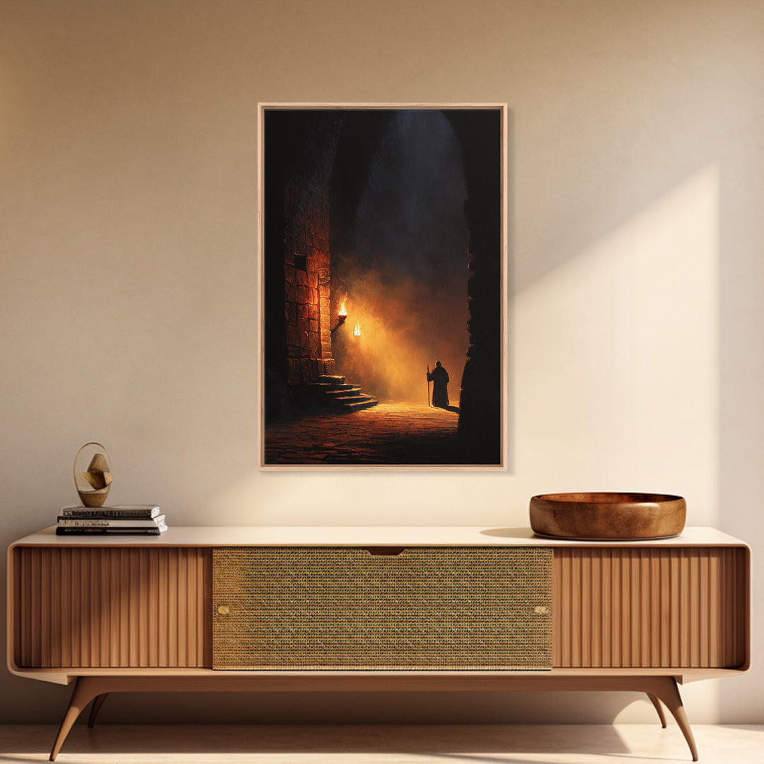 Torchlit Monk In Ancient Stone Arch Wall Art Dark Academia Canvas Print For Gothic Decor Medieval Hallway Art And Office