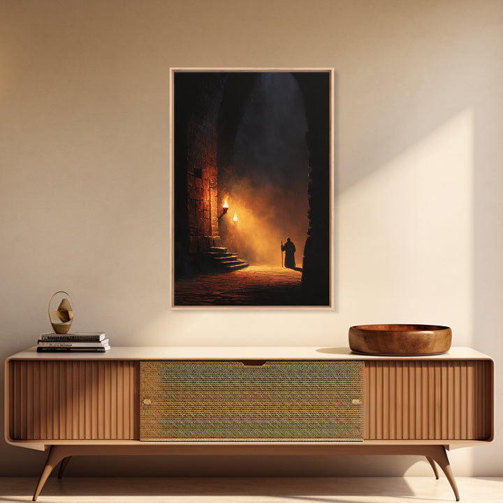 Torchlit Monk In Ancient Stone Arch Wall Art Dark Academia Canvas Print For Gothic Decor Medieval Hallway Art And Office