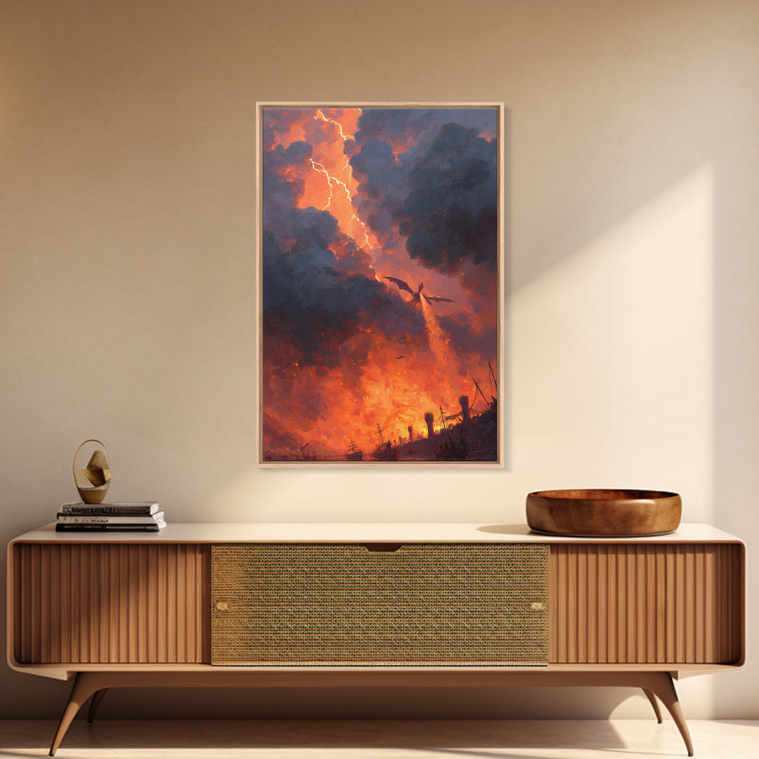Fire Breathing Dragon Over Burning Battlefield Wall Art Epic Fantasy Canvas Print For Medieval Decor Gothic Game Room Wall Decor