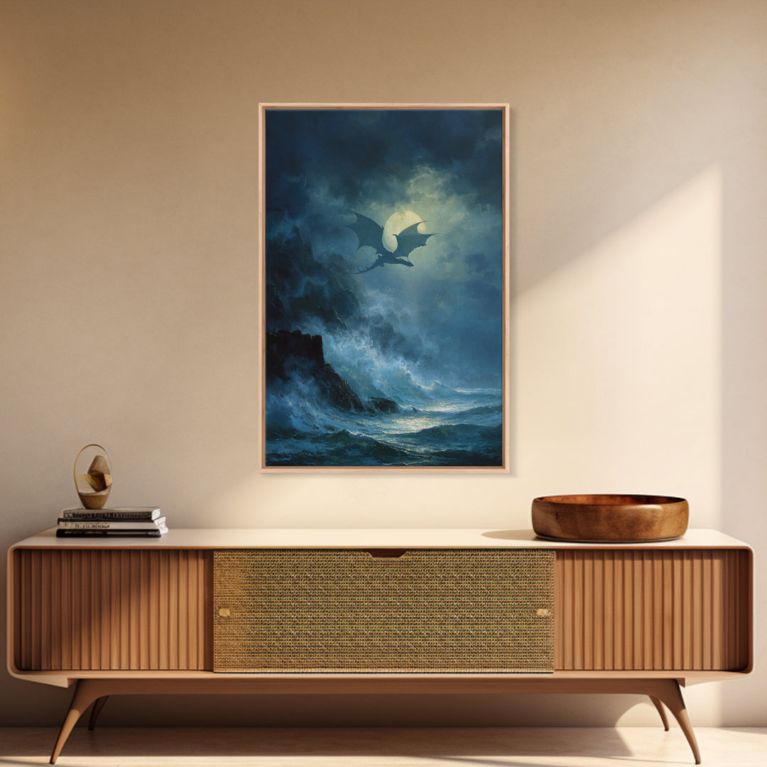 Moonlit Dragon Above Stormy Ocean Wall Art Gothic Seascape Canvas Print For Fantasy Decor Coastal Art And Moody Home Decor Gift For Him