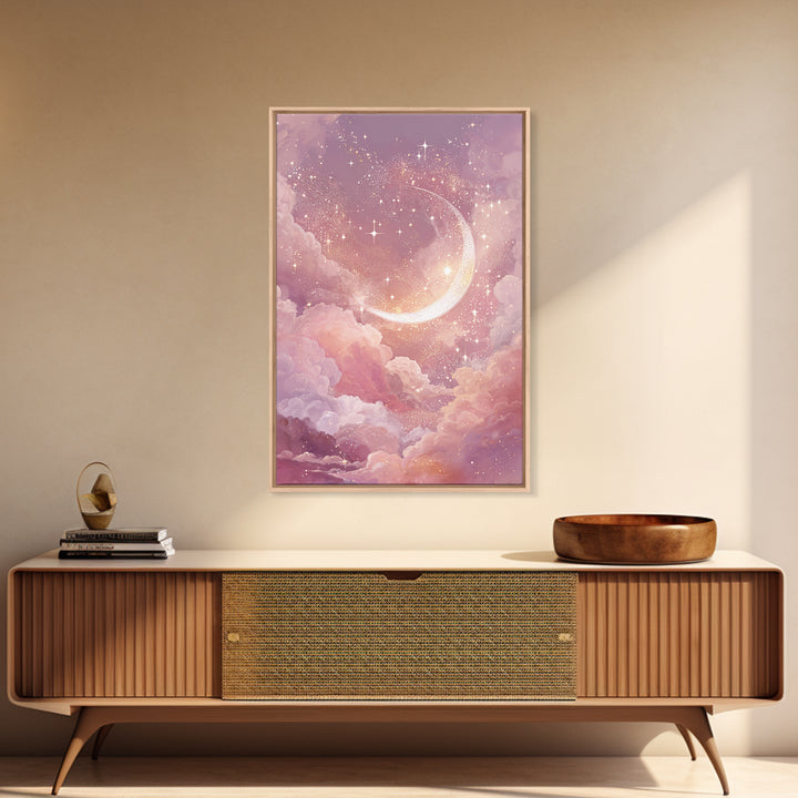 Glowing Crescent Moon Among Pink Clouds Wall Art, Celestial Canvas Print, Dreamy Nursery Decor, Whimsical Bedroom Art, Gift For Her