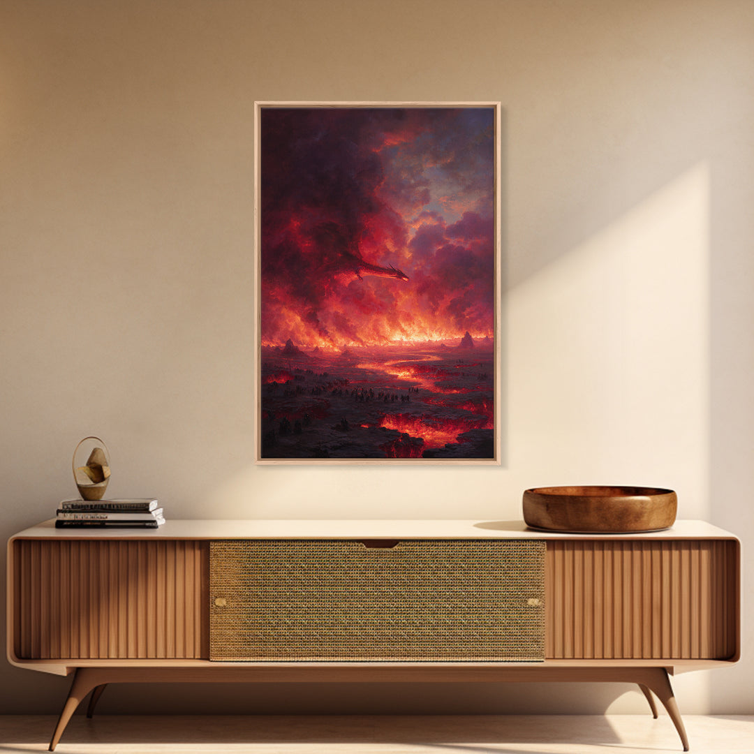 Fiery Dragon Apocalypse Landscape Wall Art, Dark Fantasy Canvas Decor, Gothic Medieval Battle, Large Fantasy Art Print Poster