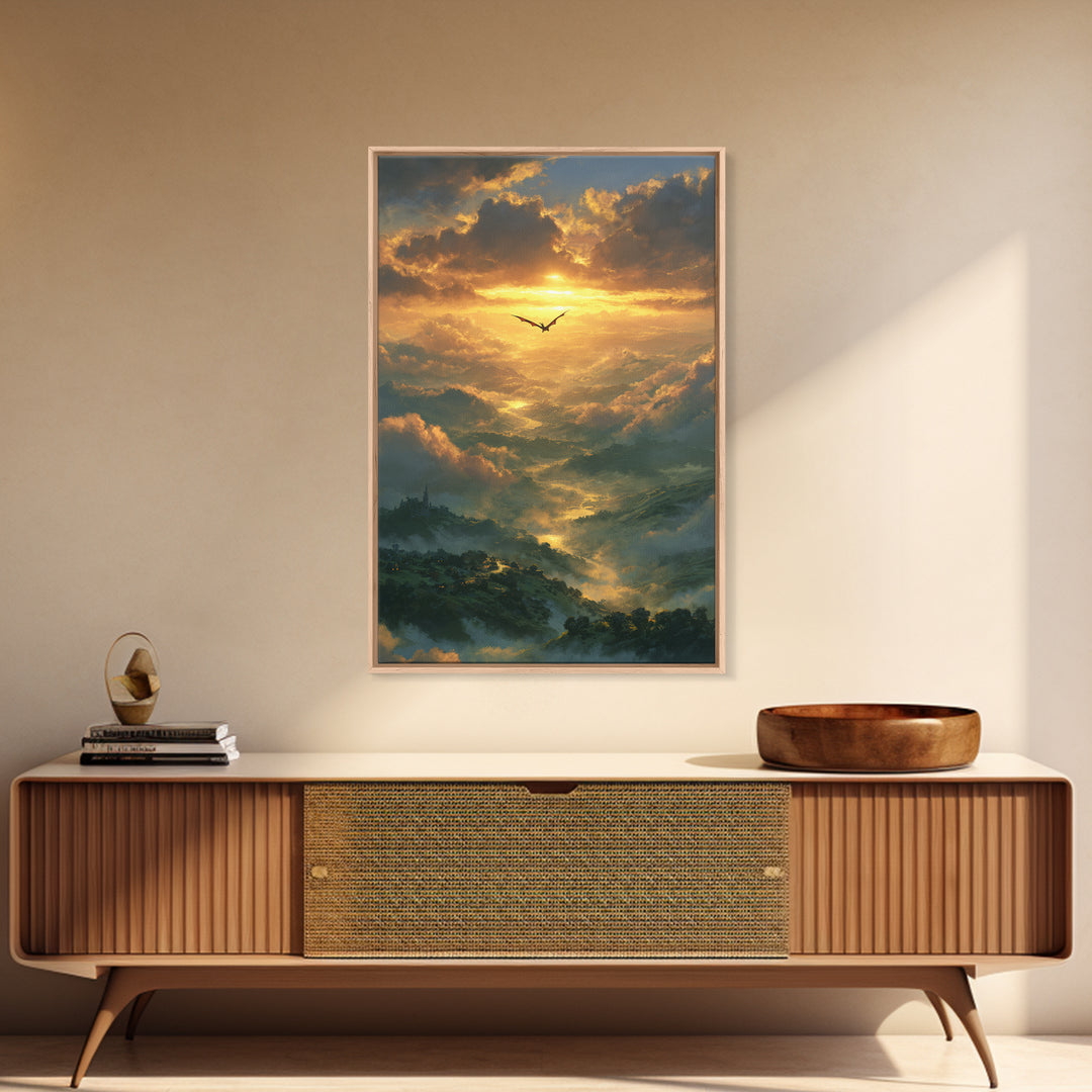 Golden Dragon Above Misty Valley Framed Canvas Print, Fantasy Landscape Wall Decor, Epic Castle Art For Living Room Home Decor