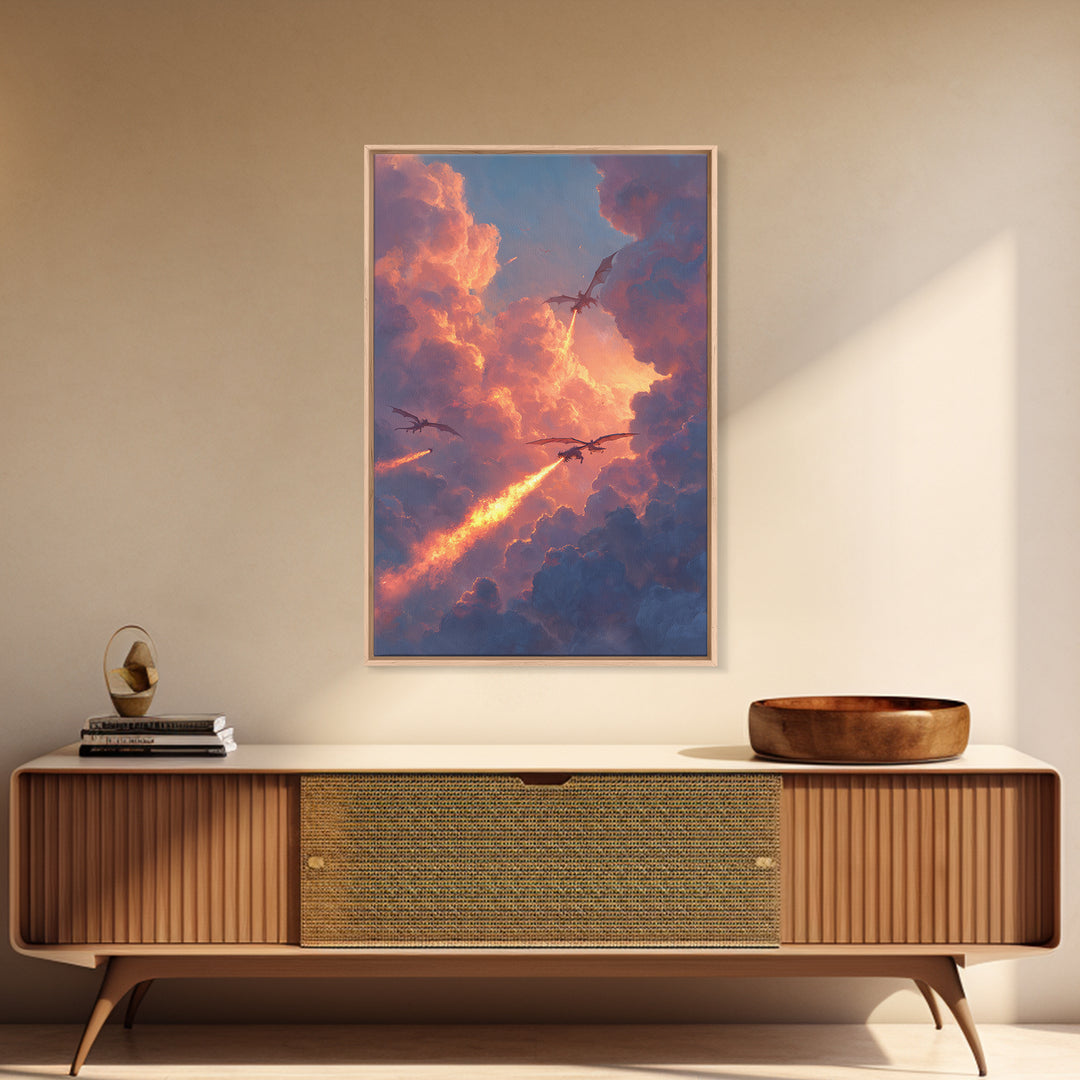 Dragons Breathing Fire Through Sunset Clouds Canvas Print, Fantasy Sky Wall Art, Vibrant Large Statement Living Room Home Decor
