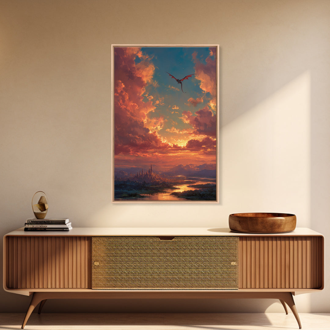 Sunset Dragon Above Spired City Framed Canvas Print, Fantasy Landscape Wall Art, Castle Decor For Living Room, Epic Home Decor
