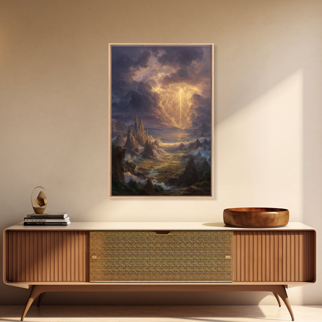 Lightning Storm Over Fantasy Castle Framed Canvas Print, Epic Mountain Landscape Wall Art, Moody Gothic Office Home Decor