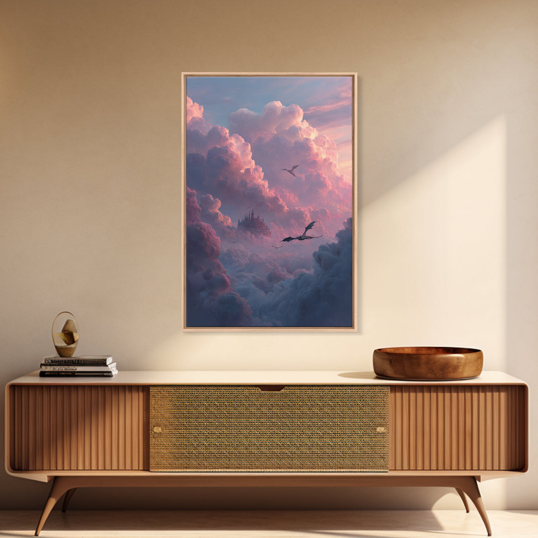 Pink Cloud Castle With Flying Dragons Canvas Print, Dreamy Fantasy Wall Art, Soft Pastel Celestial Nursery And Bedroom Decor