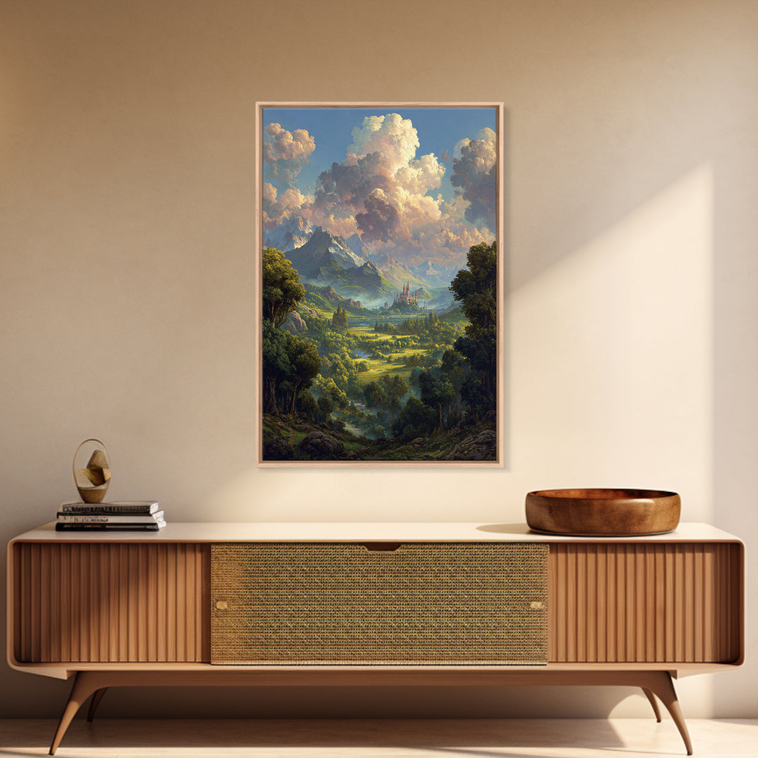 Lush Fantasy Valley With Distant Castle Wall Art, Mountain Landscape Canvas Print, Nature Decor For Living Room, Large Home Decor