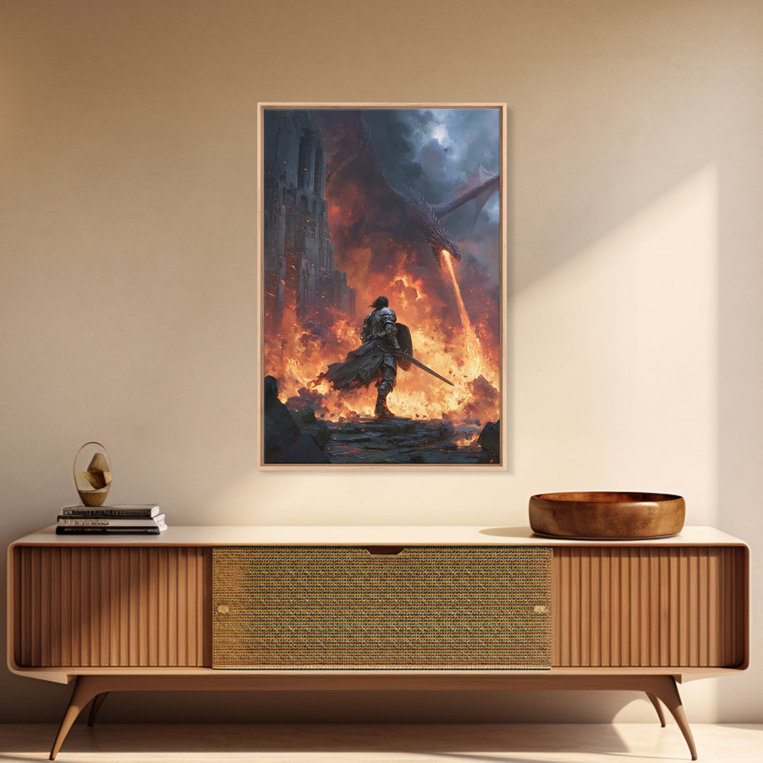 Dragon Battle Knight In Burning Castle Wall Art, Fantasy Warrior Canvas, Dark Medieval Decor, Epic Gothic Gift Print For Him