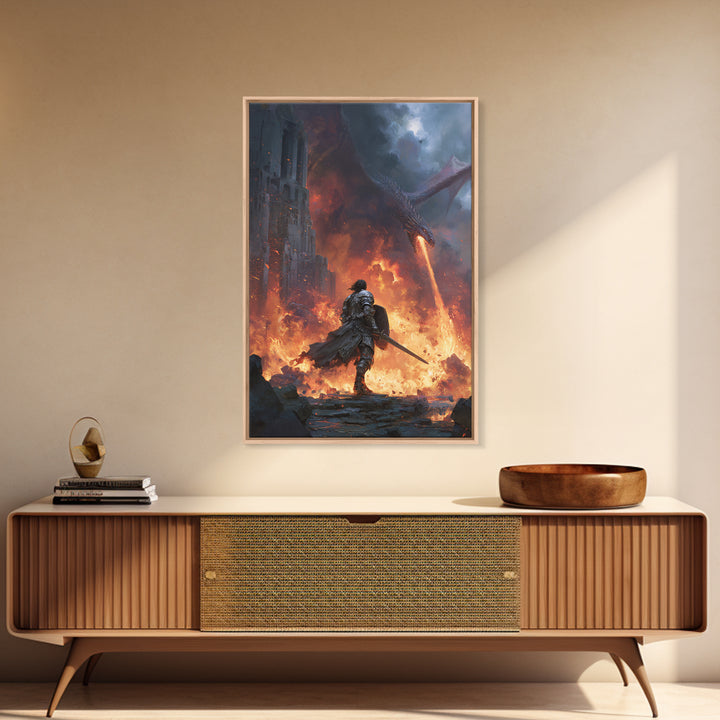 Dragon Battle Knight In Burning Castle Wall Art, Fantasy Warrior Canvas, Dark Medieval Decor, Epic Gothic Gift Print For Him