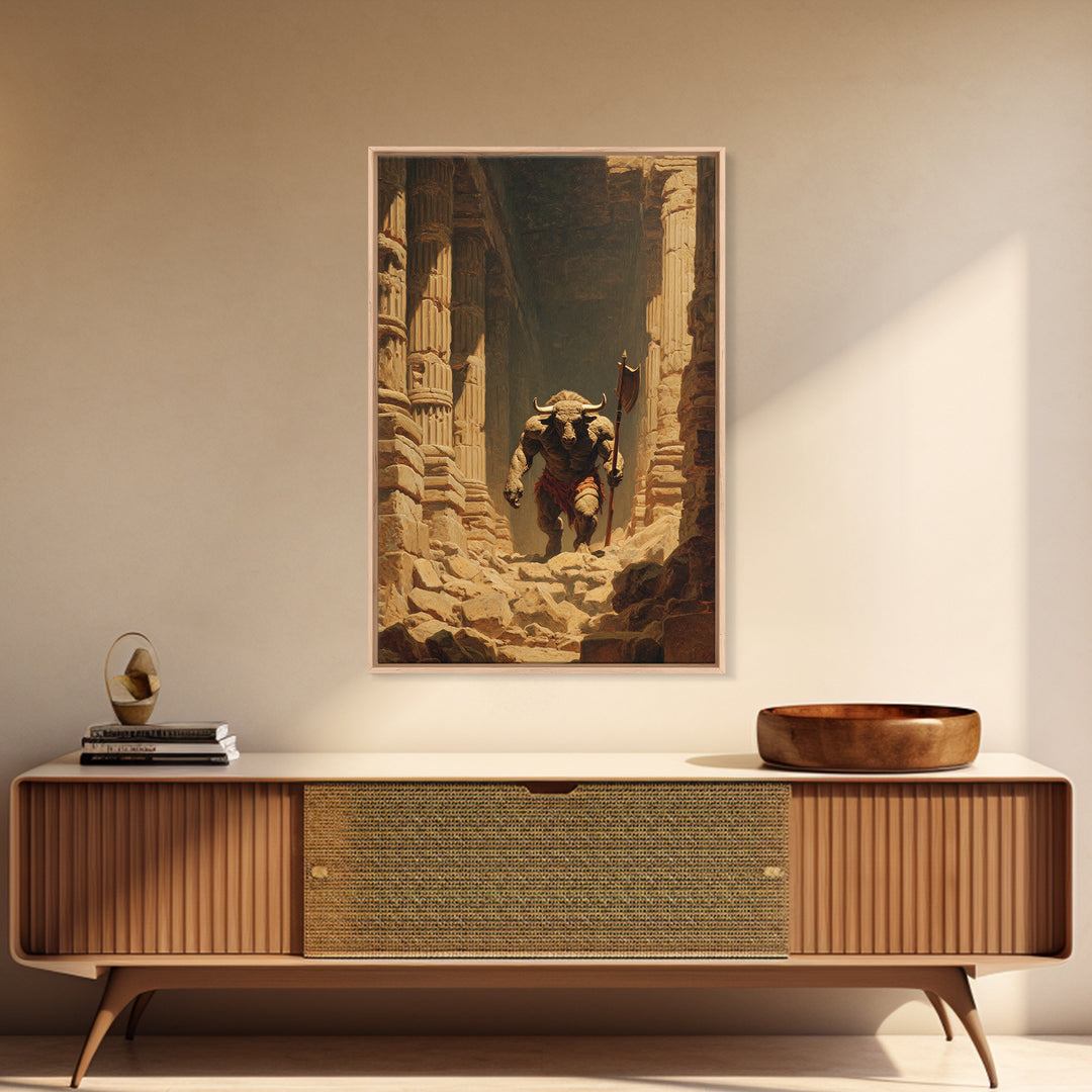 Minotaur In Ancient Ruins Framed Canvas Print, Mythological Art, Dark Fantasy Decor, Greek Myth Wall Decor Gift For Him Home Decor