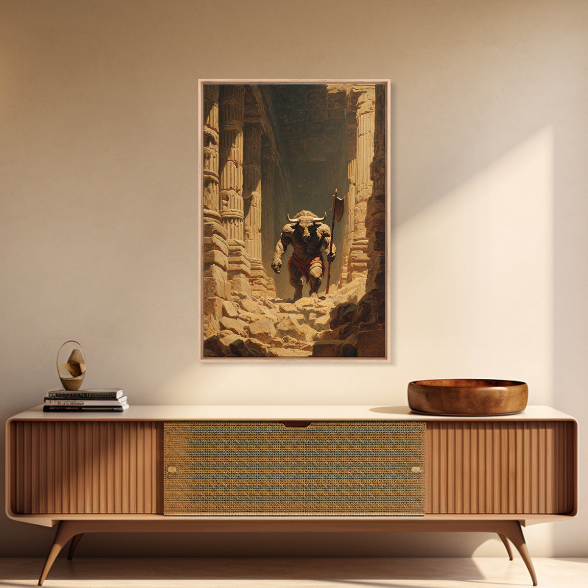 Minotaur In Ancient Ruins Framed Canvas Print, Mythological Art, Dark Fantasy Decor, Greek Myth Wall Decor Gift For Him Home Decor