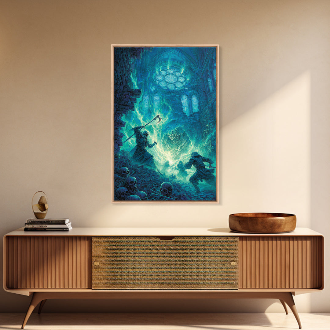 Necromancer In Haunted Cathedral Canvas Print, Dark Fantasy Wall Art, Gothic Magic Decor, Skeleton Horror Gift For Him Print