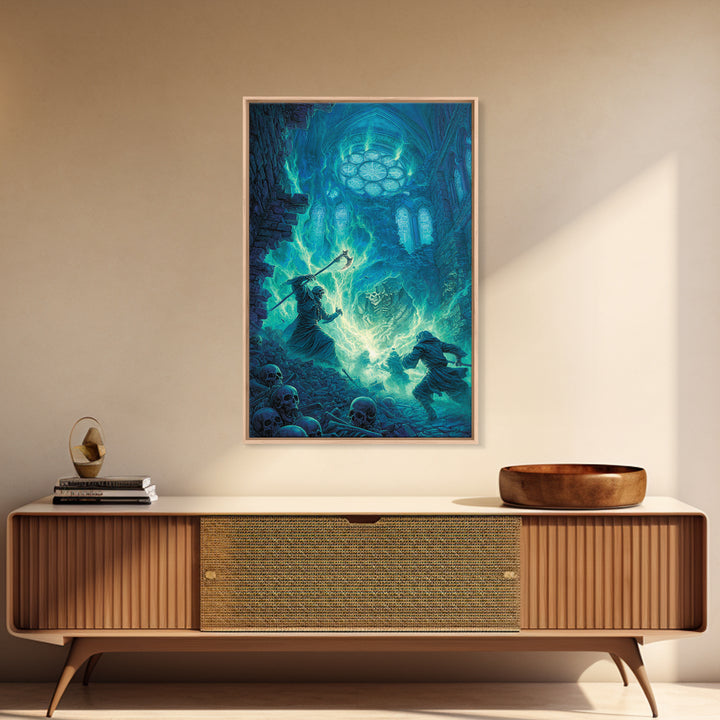 Necromancer In Haunted Cathedral Canvas Print, Dark Fantasy Wall Art, Gothic Magic Decor, Skeleton Horror Gift For Him Print
