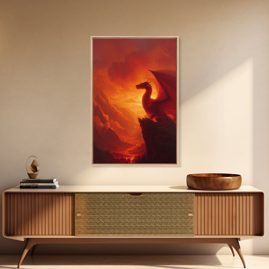 Red Dragon On Mountain Cliff Wall Art, Fantasy Landscape Canvas Print, Sunset Painting, Medieval Castle Decor Gift For Him Home Decor