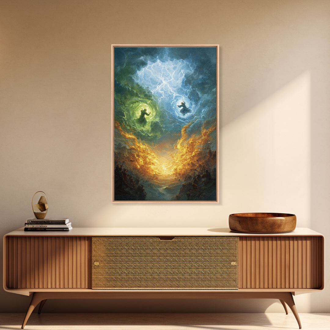Elemental Wizards In Stormy Sky Wall Art, Fantasy Magic Canvas Print, Lightning Battle, Mystical Decor Gift For Him Home Decor