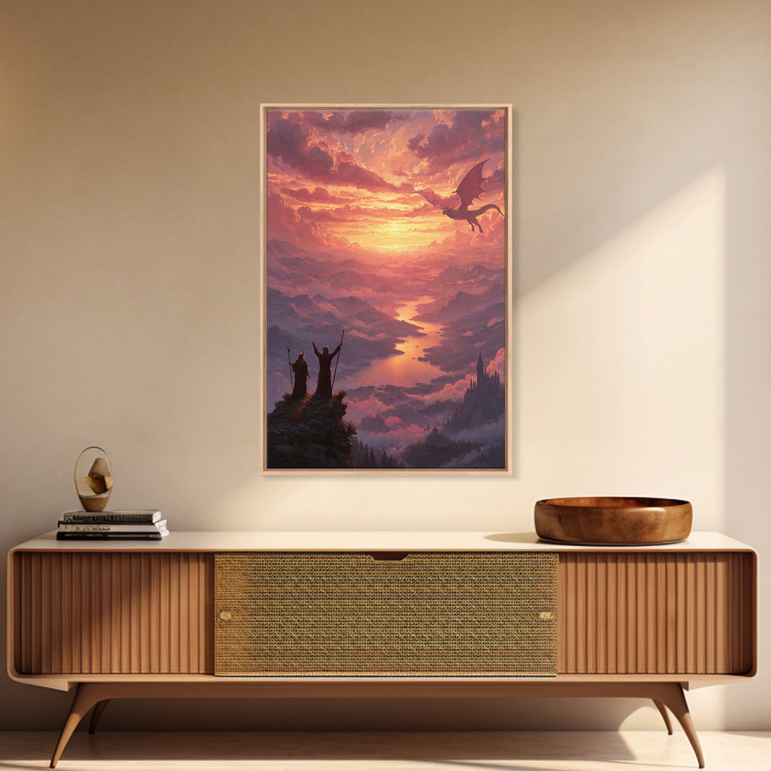 Wizards Watching Dragon Over Sunset Valley Wall Art, Fantasy Landscape Canvas Print, Magical Castle Decor Gift For Him Home Decor